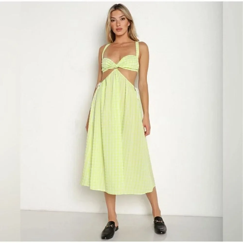 NWT For Love & Lemons Maureen Green & White Gingham Midi Dress Size XL